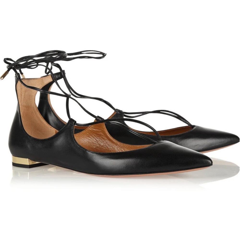Aquazzura Christy Lace-Up Flats in Black Leather – Size 37.5 w/ Box & Dustbag